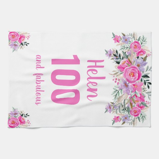 100. Geburtstag rosa Blumen einzigartig Geschirrtuch (Horizontal)
