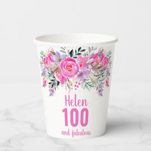 100. Geburtstag rosa Blumenbecher Pappbecher (Rückseite)