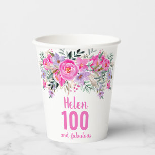 100. Geburtstag rosa Blumenbecher Pappbecher