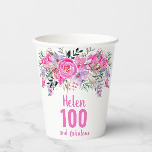 100. Geburtstag rosa Blumenbecher Pappbecher (Vorderseite)