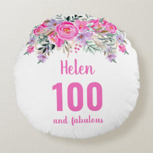 100. Geburtstag rosa Blumenname Rundkissen Rundes Kissen