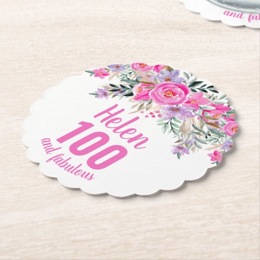 100. Geburtstag rosa Blumenschrift Untersetzer (angewinkelt)