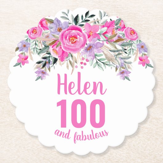 100. Geburtstag rosa Blumenschrift Untersetzer (Vorderseite)