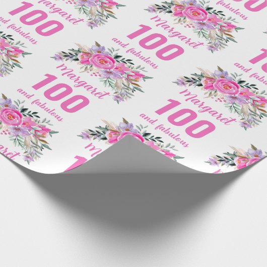100. Geburtstag rosa Blüte Geschenkpapier (Ecke)