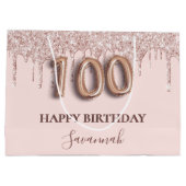 100. Geburtstag Rosa Glitzer Tropfen Rose Gold Große Geschenktüte (Rückseite)