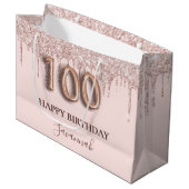 100. Geburtstag Rosa Glitzer Tropfen Rose Gold Große Geschenktüte (Vorderseite Schrägansicht)