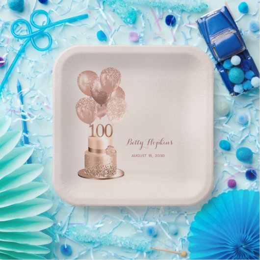 100. Geburtstag Rose Gold Cake Paper Plate Pappteller (Party)