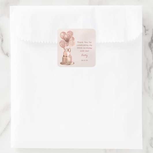 100. Geburtstag Rose Gold Cake Vielen Dank Quadratischer Aufkleber (Tasche)