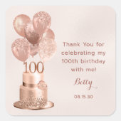 100. Geburtstag Rose Gold Cake Vielen Dank Quadratischer Aufkleber (Vorderseite)
