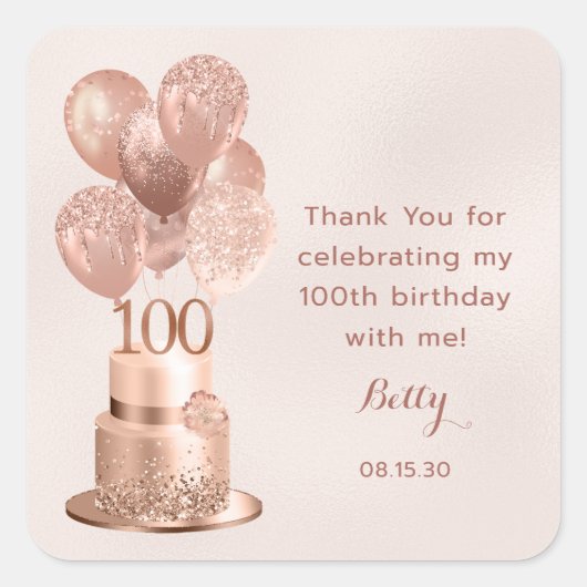 100. Geburtstag Rose Gold Cake Vielen Dank Quadratischer Aufkleber (Vorderseite)