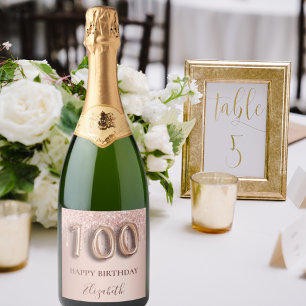 100. Geburtstag Rose Gold Glitzer Rosa Ballon Text Schaumweinetikett
