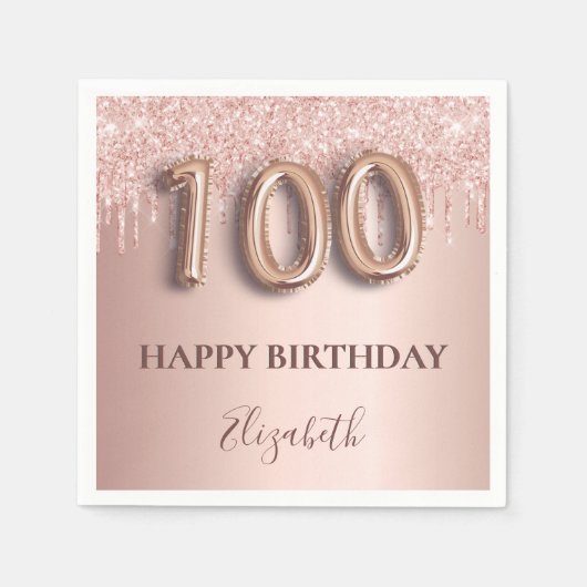 100. Geburtstag Rose Gold Glitzer Rosa Ballon Text Serviette (Vorderseite)