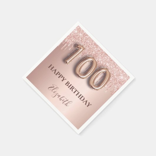 100. Geburtstag Rose Gold Glitzer Rosa Ballon Text Serviette (Ecke)