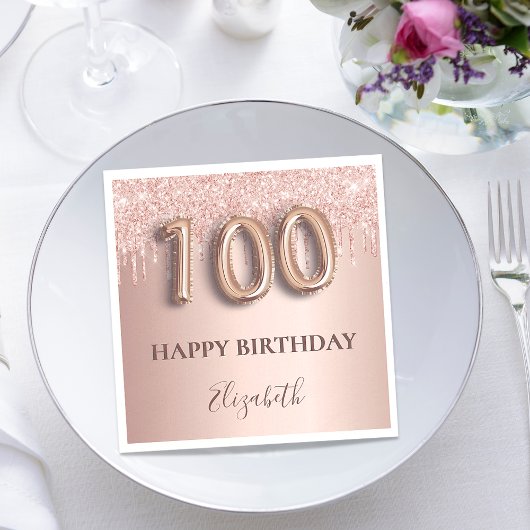 100. Geburtstag Rose Gold Glitzer Rosa Ballon Text Serviette