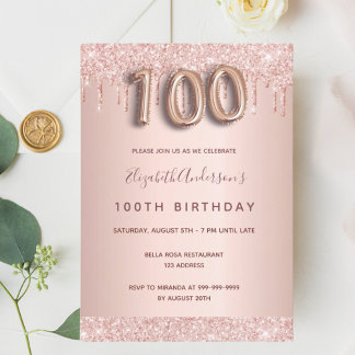 100. Geburtstag Rose Gold Glitzer Tropfen rosa Gla Einladung