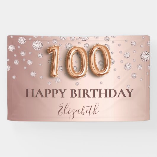 100. Geburtstag Rose Golddiamanten Ballonskript Banner (Horizontal)