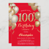 100. Geburtstag Rot und Gold Balloons Confetti Einladung (Vorne/Hinten)