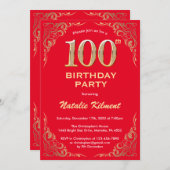 100. Geburtstag Rot und Gold Glitzer Rahmen Einladung (Vorne/Hinten)