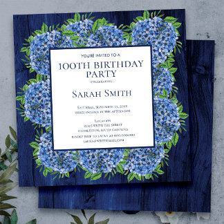 100. Geburtstag Rustic Wood Blue Hydrangeas Party Einladung