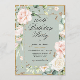 100. Geburtstag Sage Green Gold Aquatercolor Flora Einladung