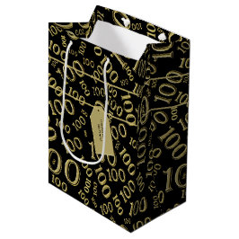 100. Geburtstag Schwarz/Gold-Muster Mittlere Geschenktüte