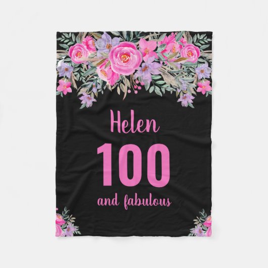 100. Geburtstag schwarz rosa Blumenflockendecke Fleecedecke (Vorderseite)