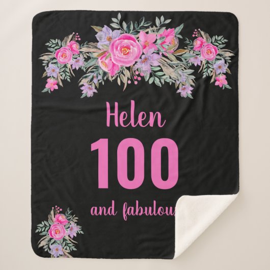 100. Geburtstag schwarz rosa Blüte Sherpadecke (Vorderseite)
