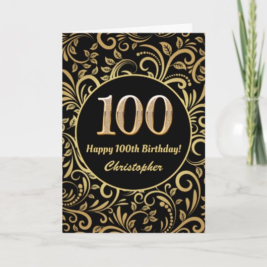 100. Geburtstag Schwarz und Gold Floral Muster Karte (Vorderseite)