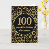 100. Geburtstag Schwarz und Gold Floral Muster Karte (Gelbe Blume)