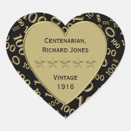 100. Geburtstag Schwarz und Gold Thema Herz-Aufkleber