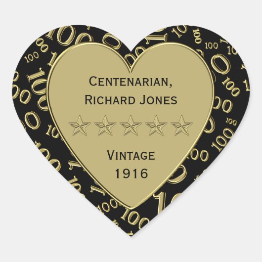 100. Geburtstag Schwarz und Gold Thema Herz-Aufkleber (Vorderseite)