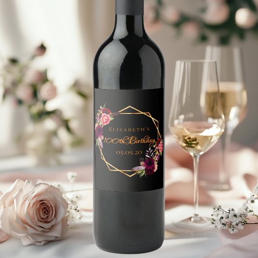 100. Geburtstag schwarzen goldenen Blumenburgund Weinetikett