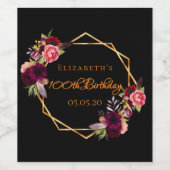 100. Geburtstag schwarzen goldenen Blumenburgund Weinetikett (Einzelnes Label)