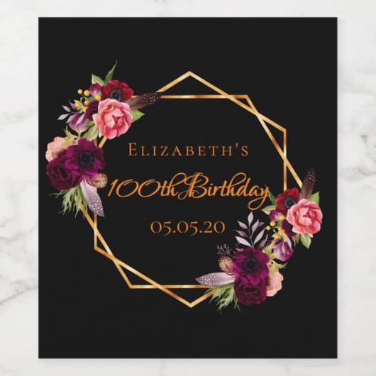 100. Geburtstag schwarzen goldenen Blumenburgund Weinetikett (Einzelnes Label)