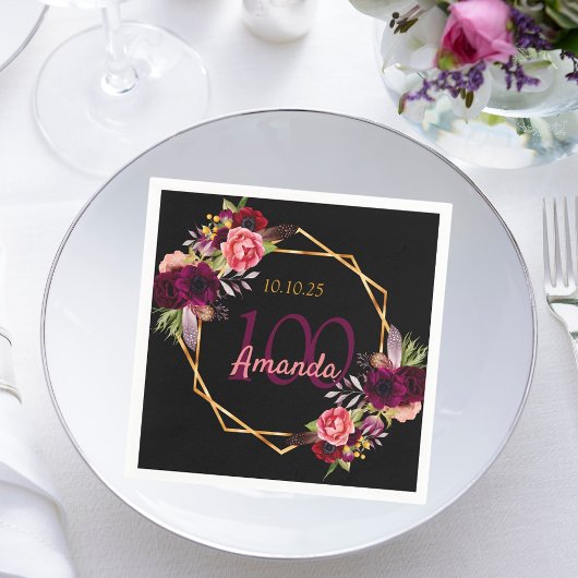 100. Geburtstag schwarzes Gold geo florale bordeau Serviette