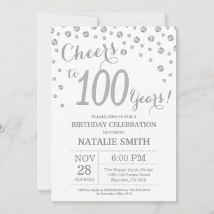 100. Geburtstag Silber Glitter Diamant Einladung