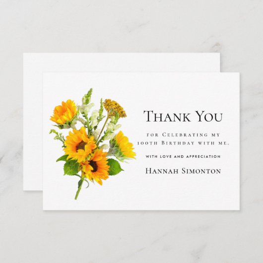 100. Geburtstag Sonnenblume Bouquet Personalisiert Dankeskarte (Vorne/Hinten)
