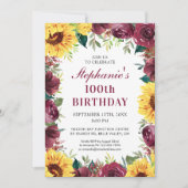 100. Geburtstag Sonnenblume Burgund Rose Grenze Einladung (Vorderseite)