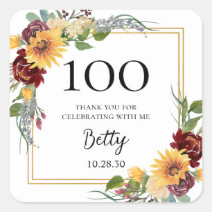 100. Geburtstag Sonnenblumen Danke Quadratischer Aufkleber