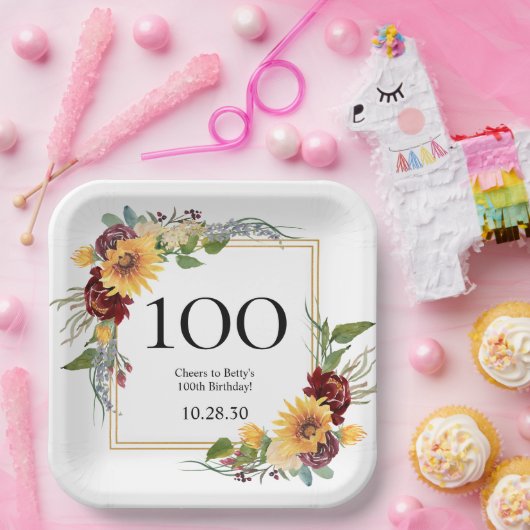 100. Geburtstag Sonnenblumen Pappteller (Party)