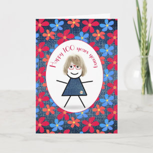 100. Geburtstag Stick Girl und Gänseblümchen auf J Karte