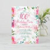 100. Geburtstag tropisches Pink-Pink-Peony-Party Einladung (Stehend Vorderseite)