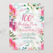 100. Geburtstag tropisches Pink-Pink-Peony-Party Einladung (Vorne/Hinten)