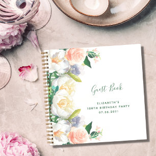 100. Geburtstag üppige Blumen weißes Pfirsichbuch Notizblock