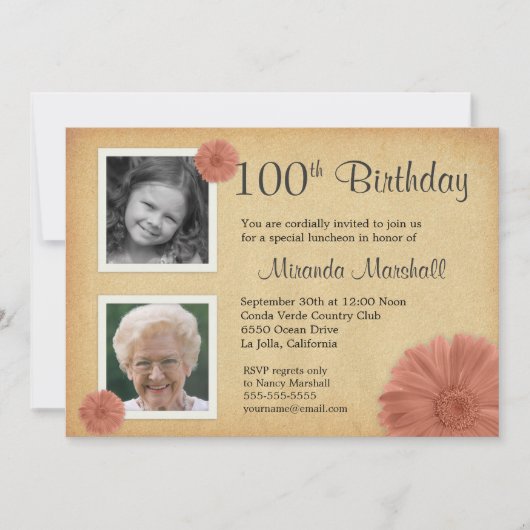 100. Geburtstag Vintag Daisy 2 Foto Einladungen (Vorderseite)