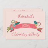 100. Geburtstag Vintagen Blume Rosa Banner Einladung (Vorne/Hinten)