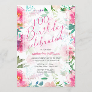 100. Geburtstag Wasserfarbe Tropisches Pink Blüten Einladung