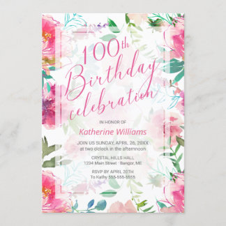 100. Geburtstag Wasserfarbe Tropisches Pink Blüten Einladung