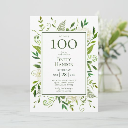 100. Geburtstag Weißer Hydrangeas Einladung (Stehend Vorderseite)