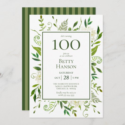 100. Geburtstag Weißer Hydrangeas Einladung (Vorne/Hinten)